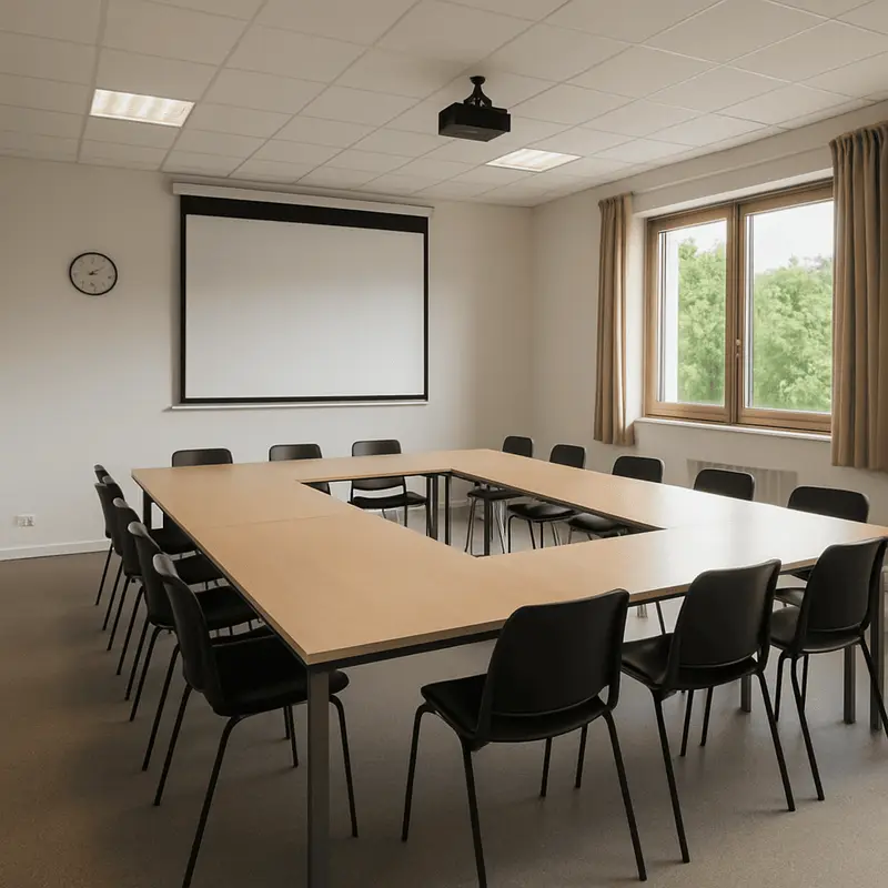Salle de réunion communale vide, tables en U et écran de projection