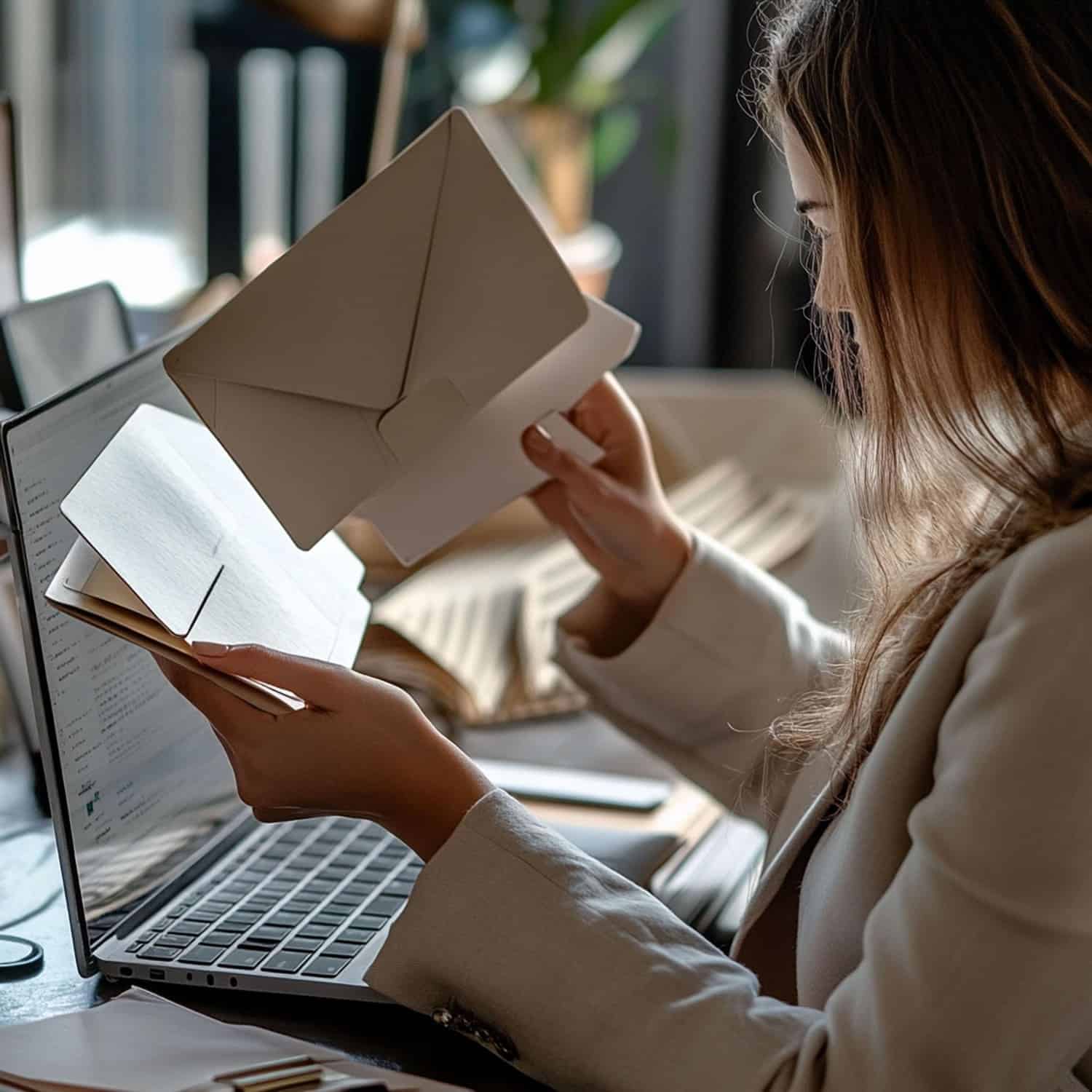 A staff member opens a letter in front of her computer