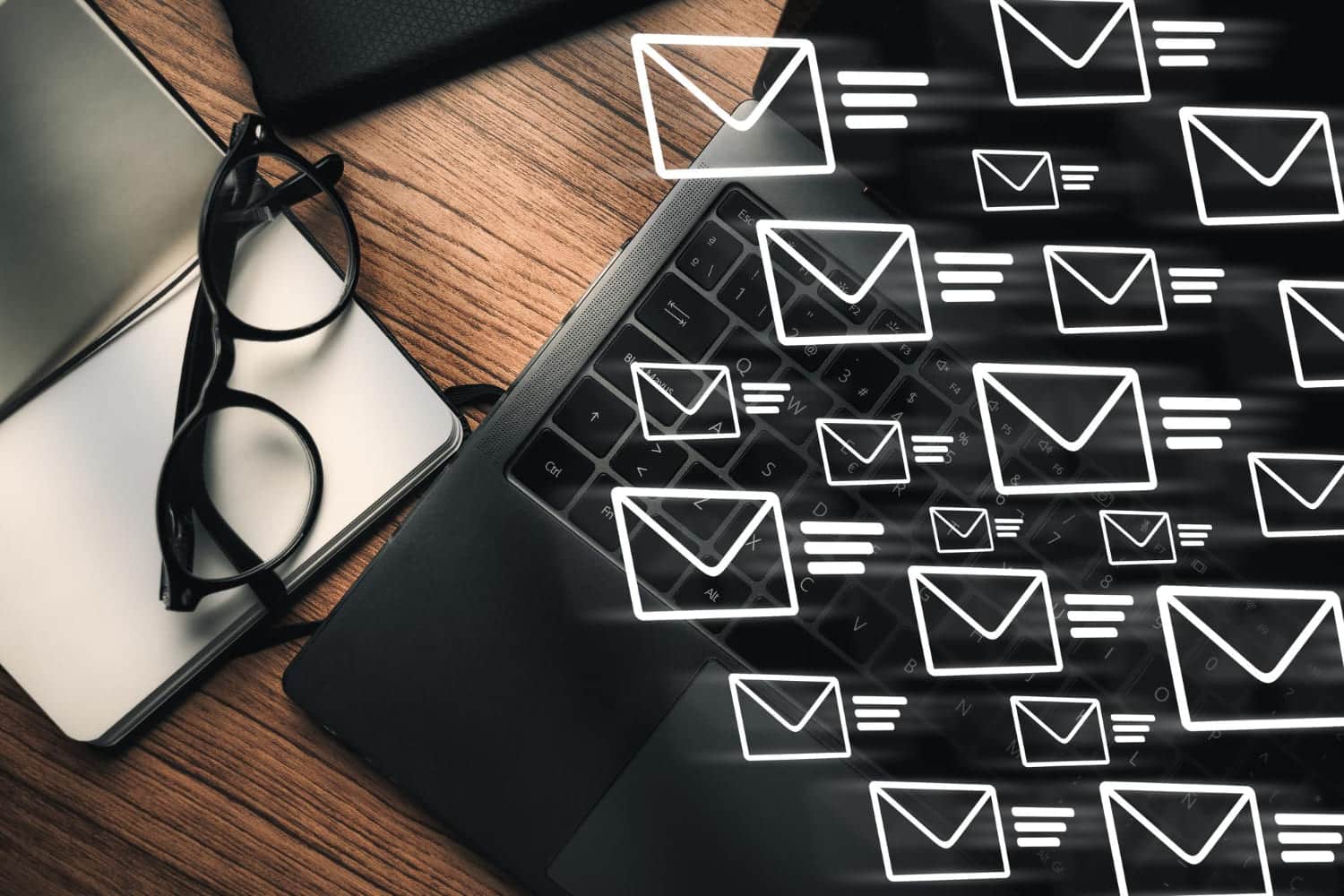 Stylized envelopes flying out of a laptop: the town hall’s incoming e-mails