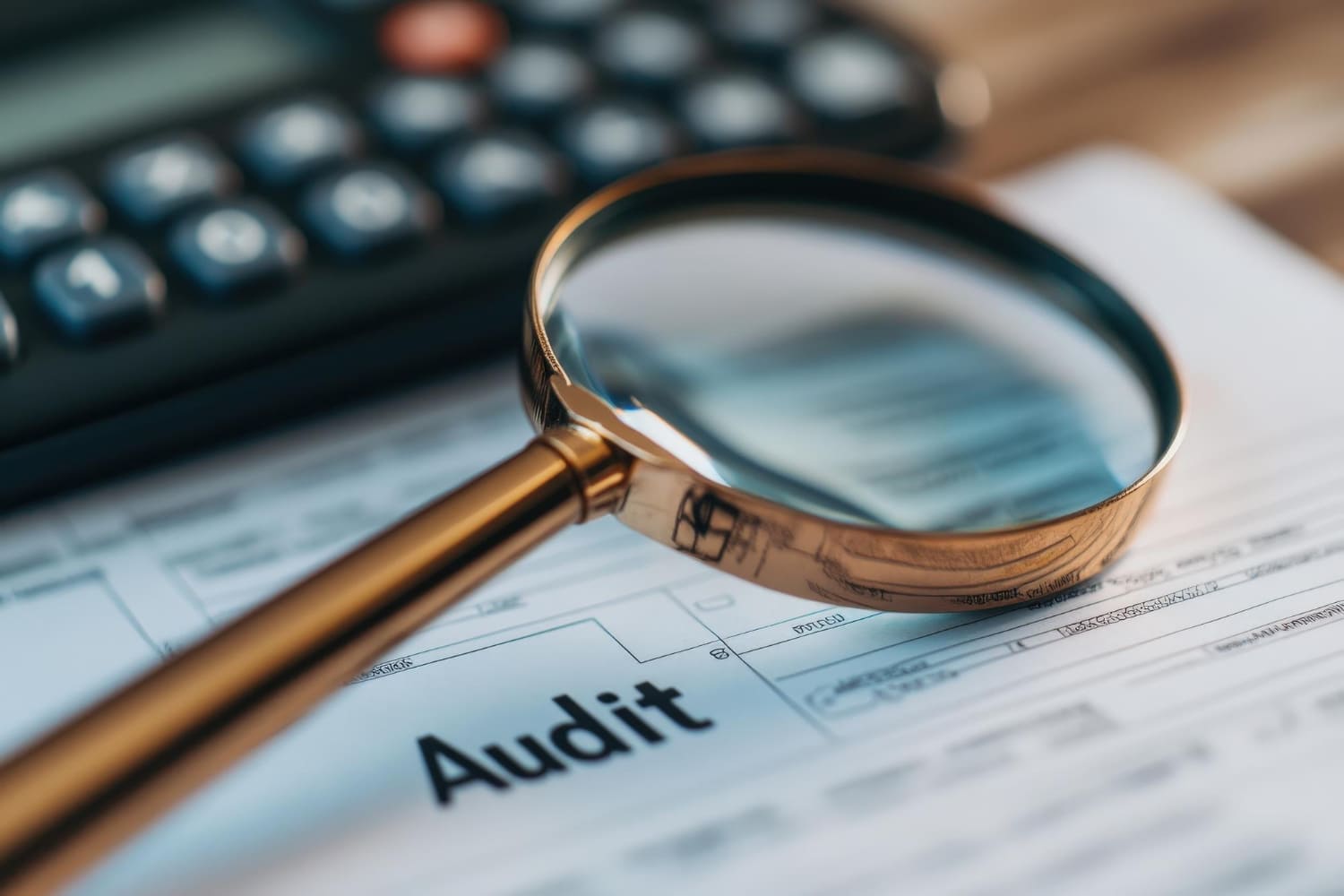 A magnifying glass resting on an audit document, next to a calculator