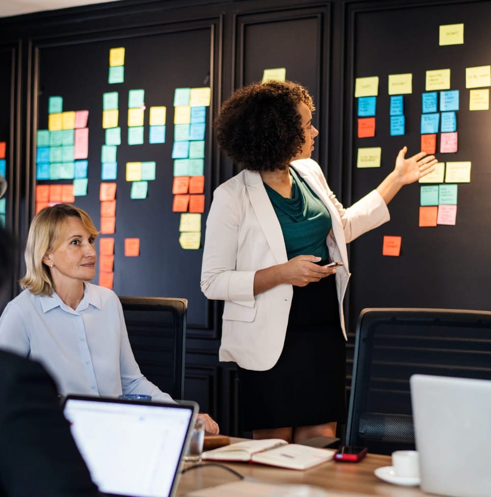 A consultant presents a roadmap on the wall to a department head