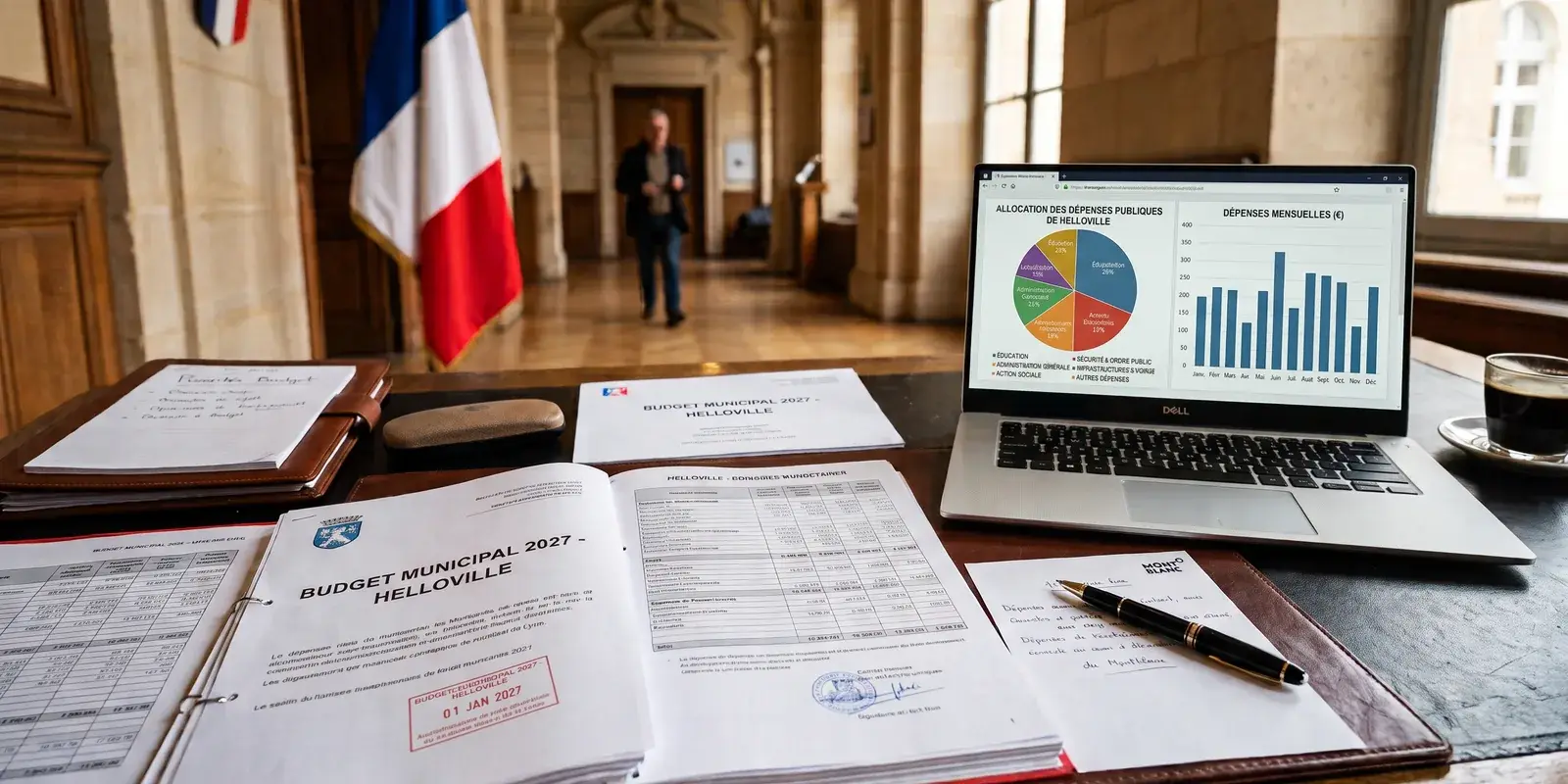 Bureau de mairie : dossier du budget municipal 2027, tableaux de dépenses et ordinateur affichant la répartition des dépenses publiques