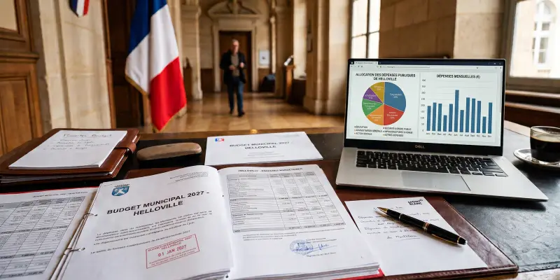 Bureau de mairie : dossier du budget municipal 2027, tableaux de dépenses et ordinateur affichant la répartition des dépenses publiques