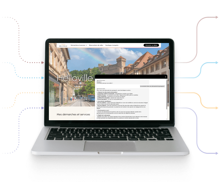 Le site d’une mairie ouvert sur un ordinateur portable, avec la bulle du chatbot IA HelloSpot