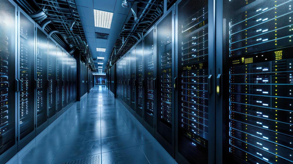 Une allée de baies de serveurs dans un datacenter