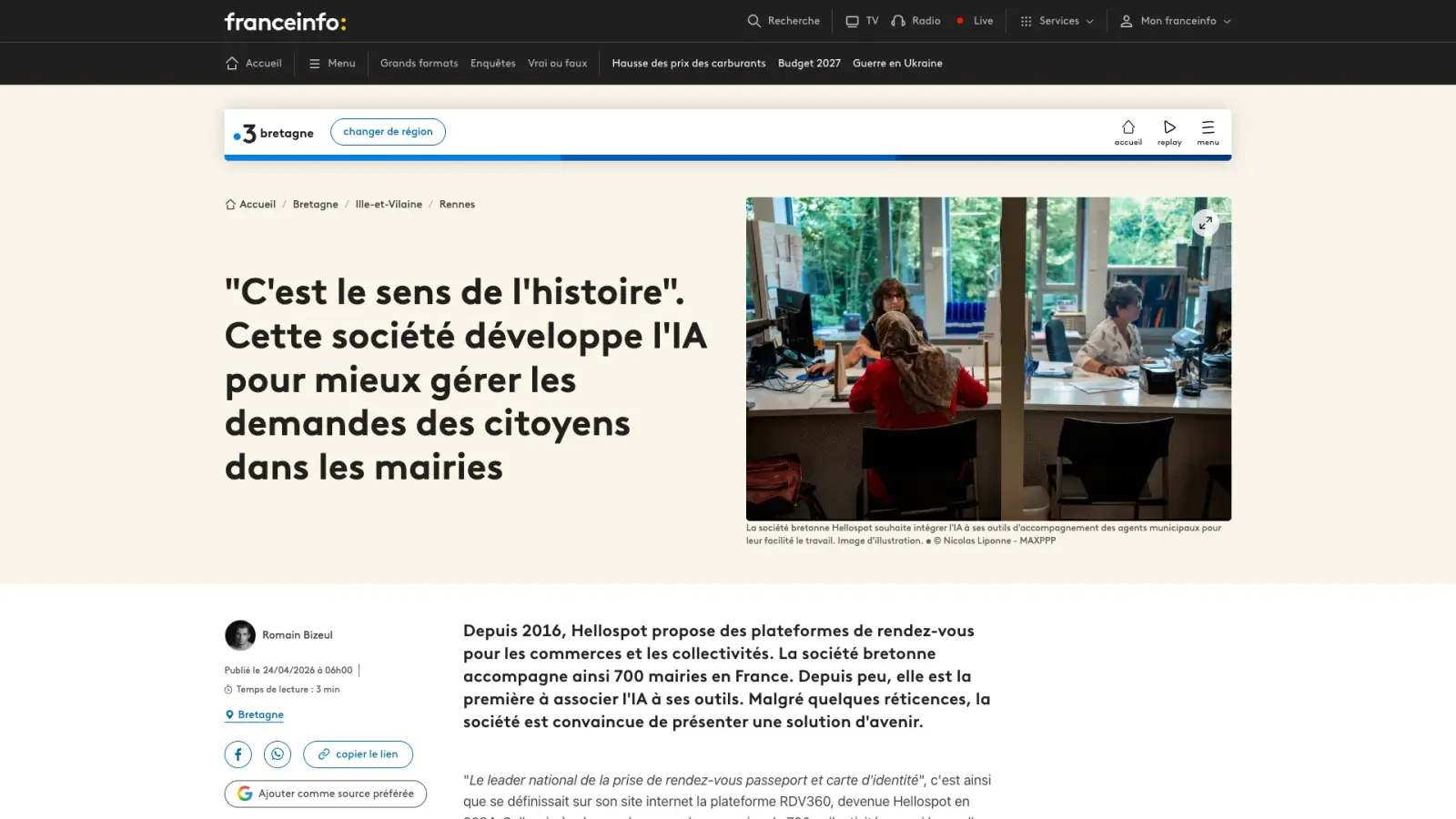 Article de France 3 Bretagne sur HelloSpot et l’IA au service des demandes des citoyens en mairie