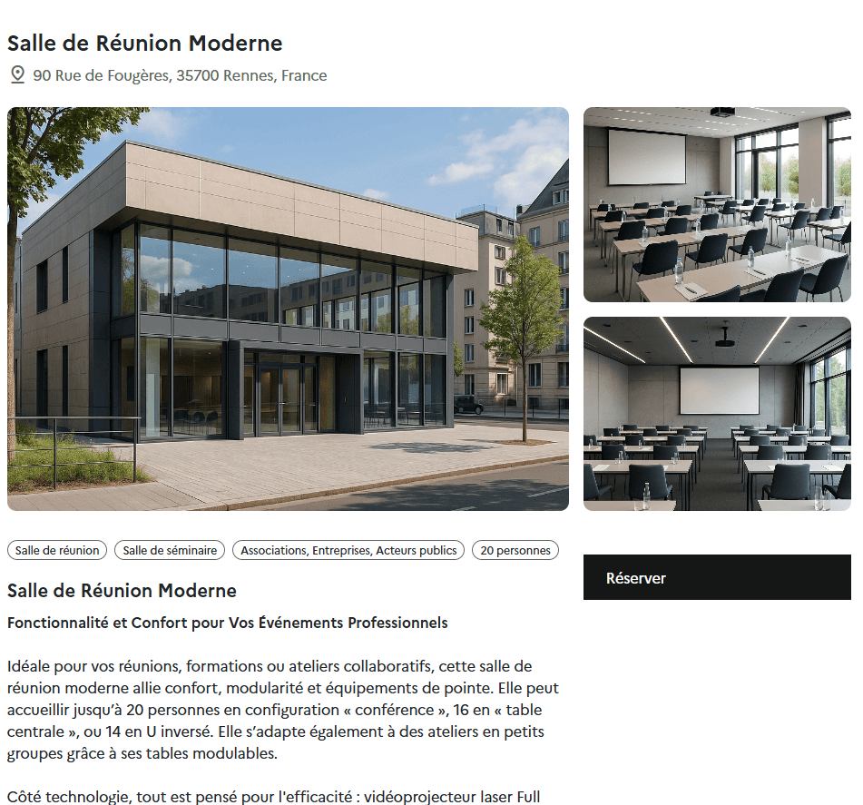 Fiche de réservation d’une salle de réunion : photos, capacité, équipements et bouton Réserver