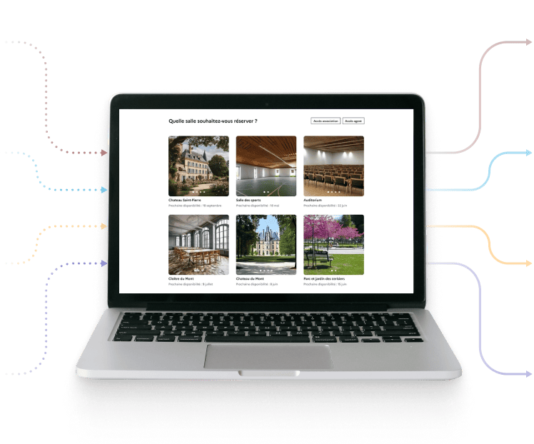 The catalog of municipal rooms available for rental, open on a laptop