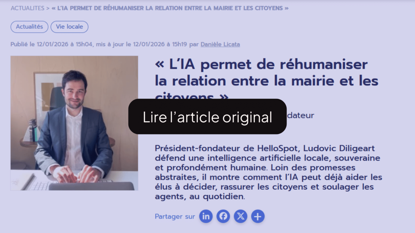 Capture de l’article de Zepros Territorial : « L’IA permet de réhumaniser la relation entre la mairie et les citoyens »