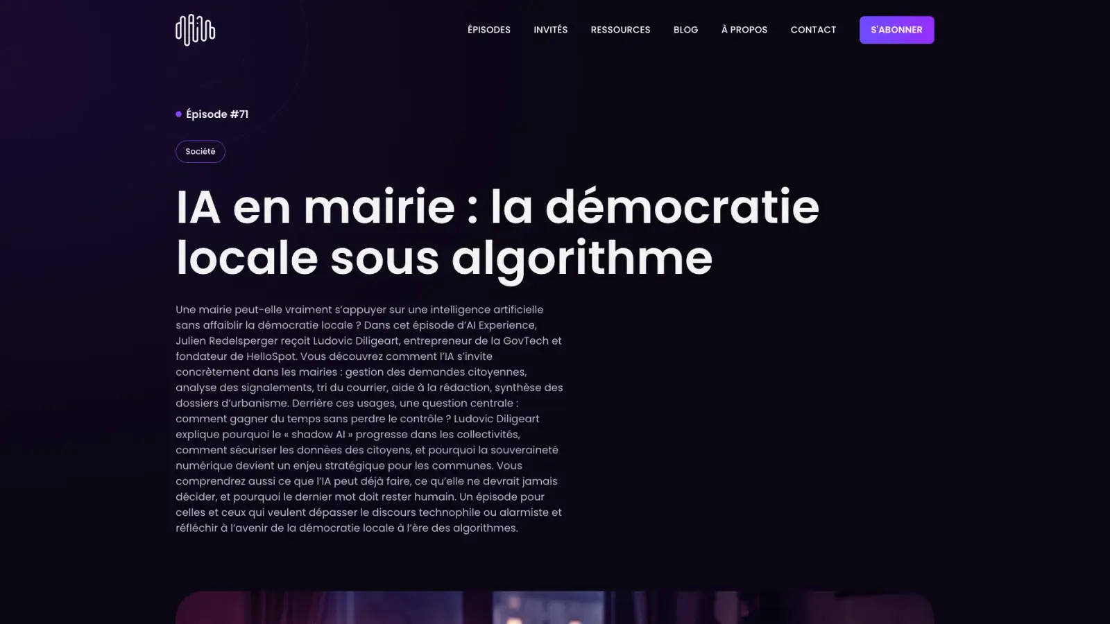 Page de l’épisode du podcast AI Experience : IA en mairie, la démocratie locale sous algorithme