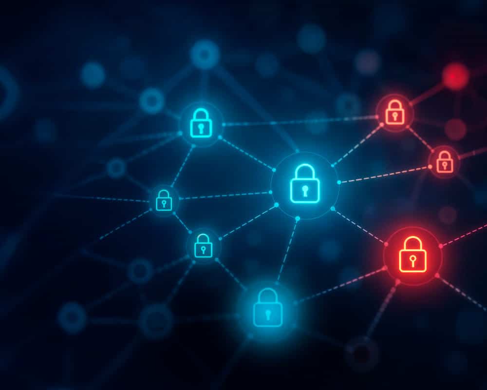 Un réseau de cadenas lumineux reliés entre eux, dont certains signalent une alerte