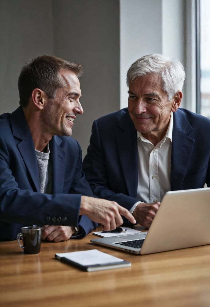 Deux responsables de services consultent un tableau de bord sur un ordinateur portable